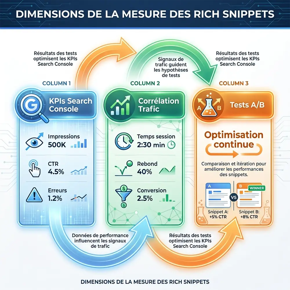 Les 3 dimensions de mesure des rich snippets : KPIs Search Console, corrélation trafic et tests A/B