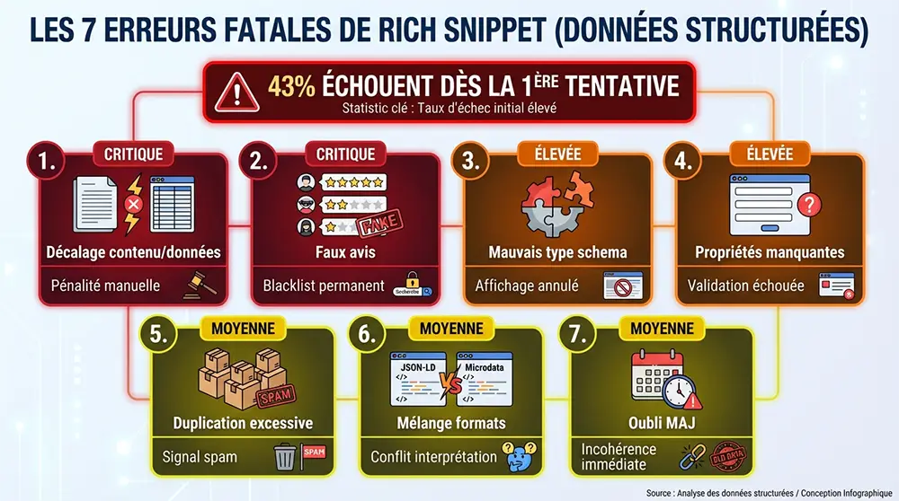 Infographie complète des 7 erreurs fatales avec niveau de gravité, conséquences et statistique 43% d'échec