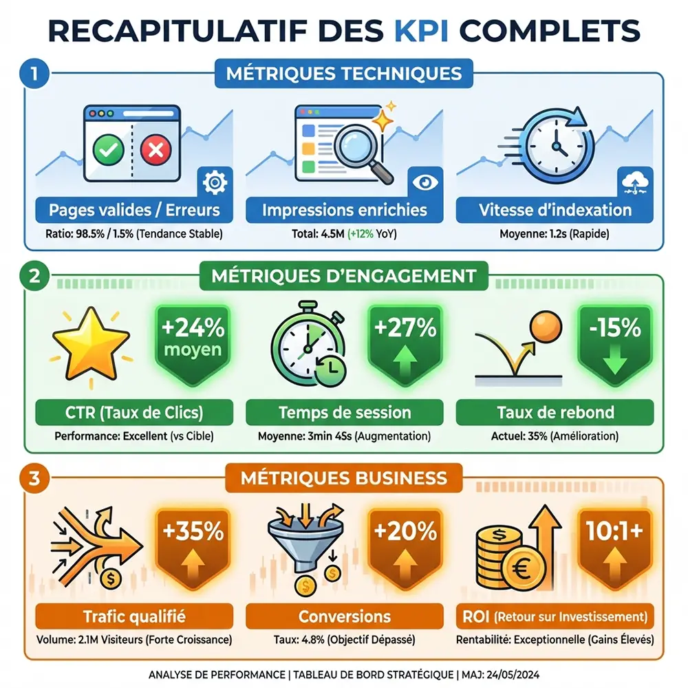 Infographie récapitulative des KPIs essentiels pour mesurer la performance des rich snippets par catégorie