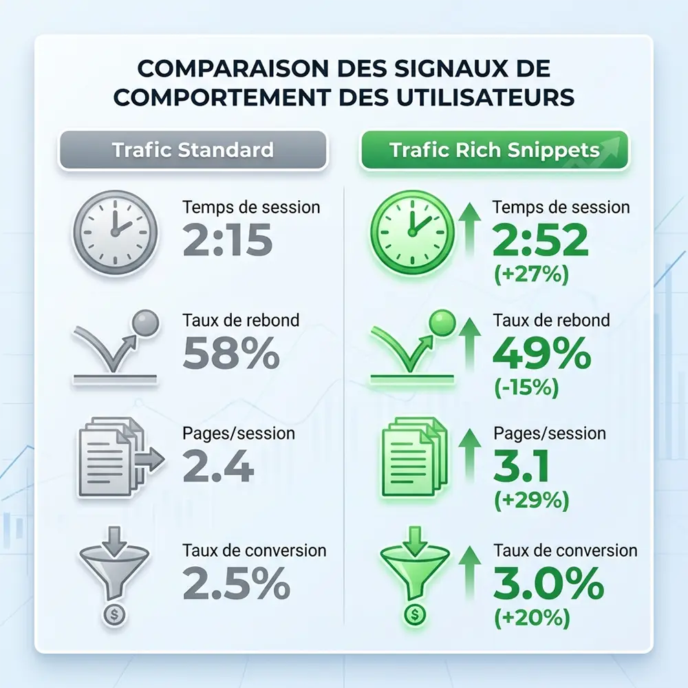 Infographie comparative des signaux utilisateurs : trafic provenant de rich snippets vs résultats standards
