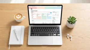 Ordinateur portable affichant un tableau de bord Notion sur un bureau minimaliste avec carnet et café