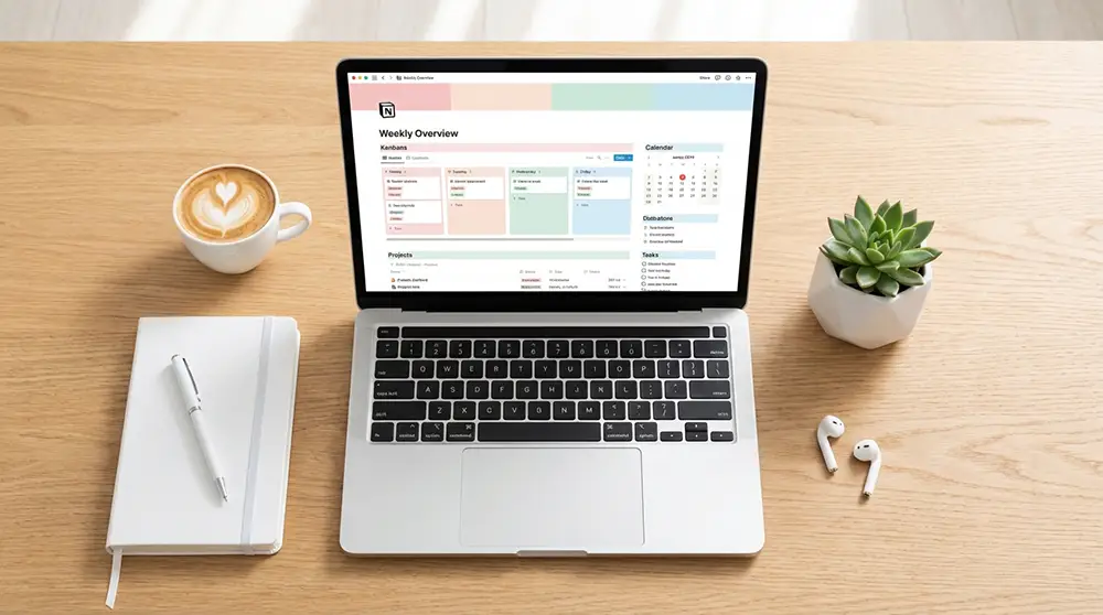 Ordinateur portable affichant un tableau de bord Notion sur un bureau minimaliste avec carnet et café
