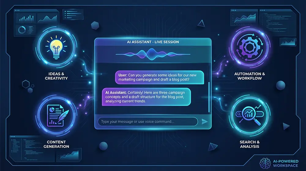 Illustration futuriste d'une interface Notion IA avec icônes d'intelligence artificielle sur fond sombre
