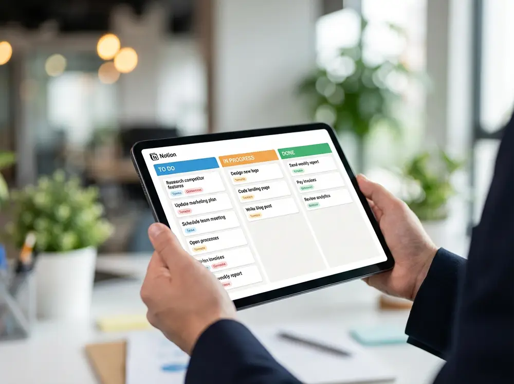 Tablette affichant un tableau kanban Notion avec des cartes de tâches colorées à faire, en cours et terminé