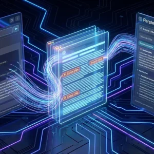 Illustration d'un contenu web structuré cité dans une réponse ChatGPT et Perplexity AI avec des flux de données lumineux