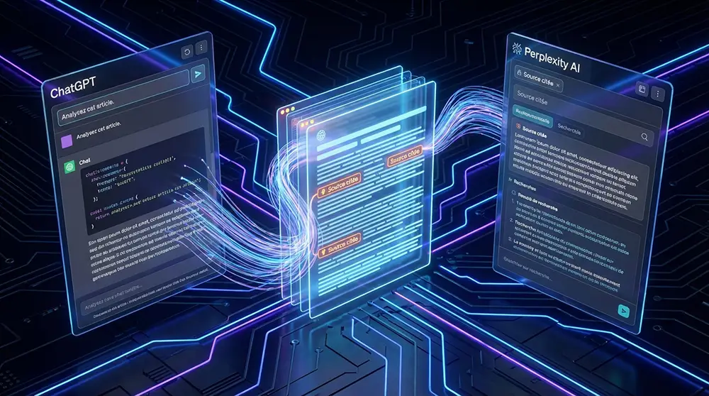 Illustration d'un contenu web structuré cité dans une réponse ChatGPT et Perplexity AI avec des flux de données lumineux