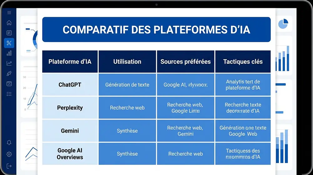 Tableau comparatif des quatre plateformes IA ChatGPT, Perplexity, Gemini et Google AI Overviews avec leurs sources préférées et tactiques d'optimisation contenu IA