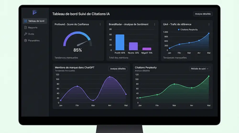 Dashboard de suivi des citations IA avec les outils Profound, BrandRadar et Google Analytics 4 montrant le trafic référé par ChatGPT et Perplexity