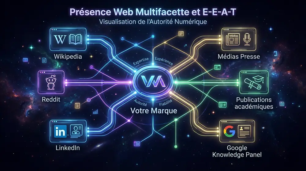 Schéma de la présence web multifacette pour optimiser son contenu IA : Wikipedia, Reddit, médias, backlinks, LinkedIn contribuant tous à l'autorité thématique reconnue par ChatGPT et Perplexity