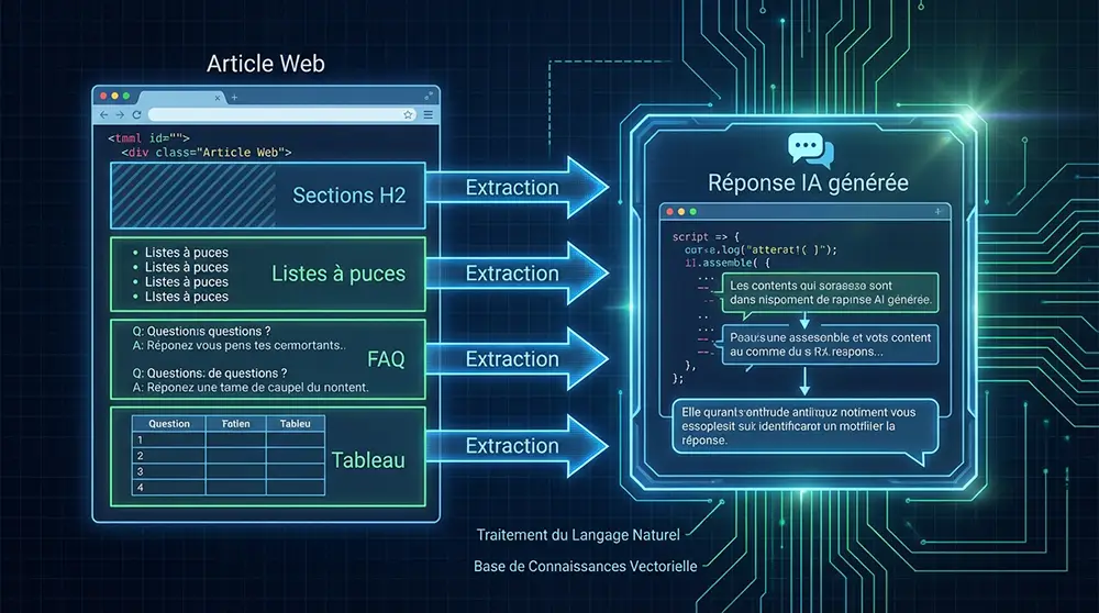Schéma illustrant la structure idéale d'un contenu optimisé IA : pyramide inversée, chunks indépendants, balises FAQPage et données structurées schema.org pour maximiser les citations ChatGPT