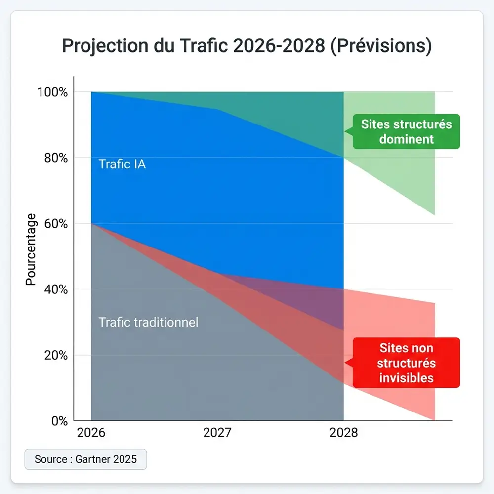  Projection Gartner 2026-2028 : évolution du trafic traditionnel vs IA nécessitant des données structurées
