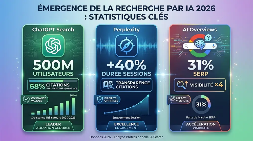 Statistiques d'émergence de l'IA dans la recherche : ChatGPT 500M utilisateurs, 68% citations structurées, AI Overviews 31% SERP