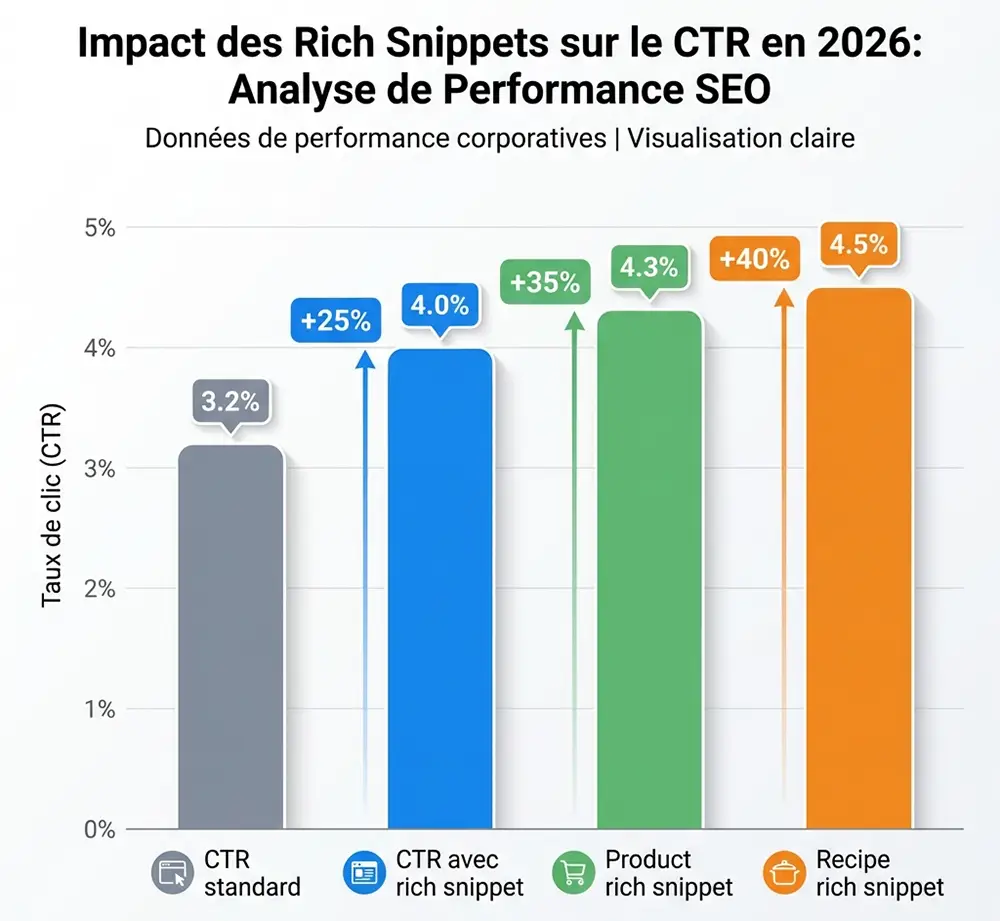 Graphique d'augmentation du CTR avec rich snippets par type de contenu en 2026
