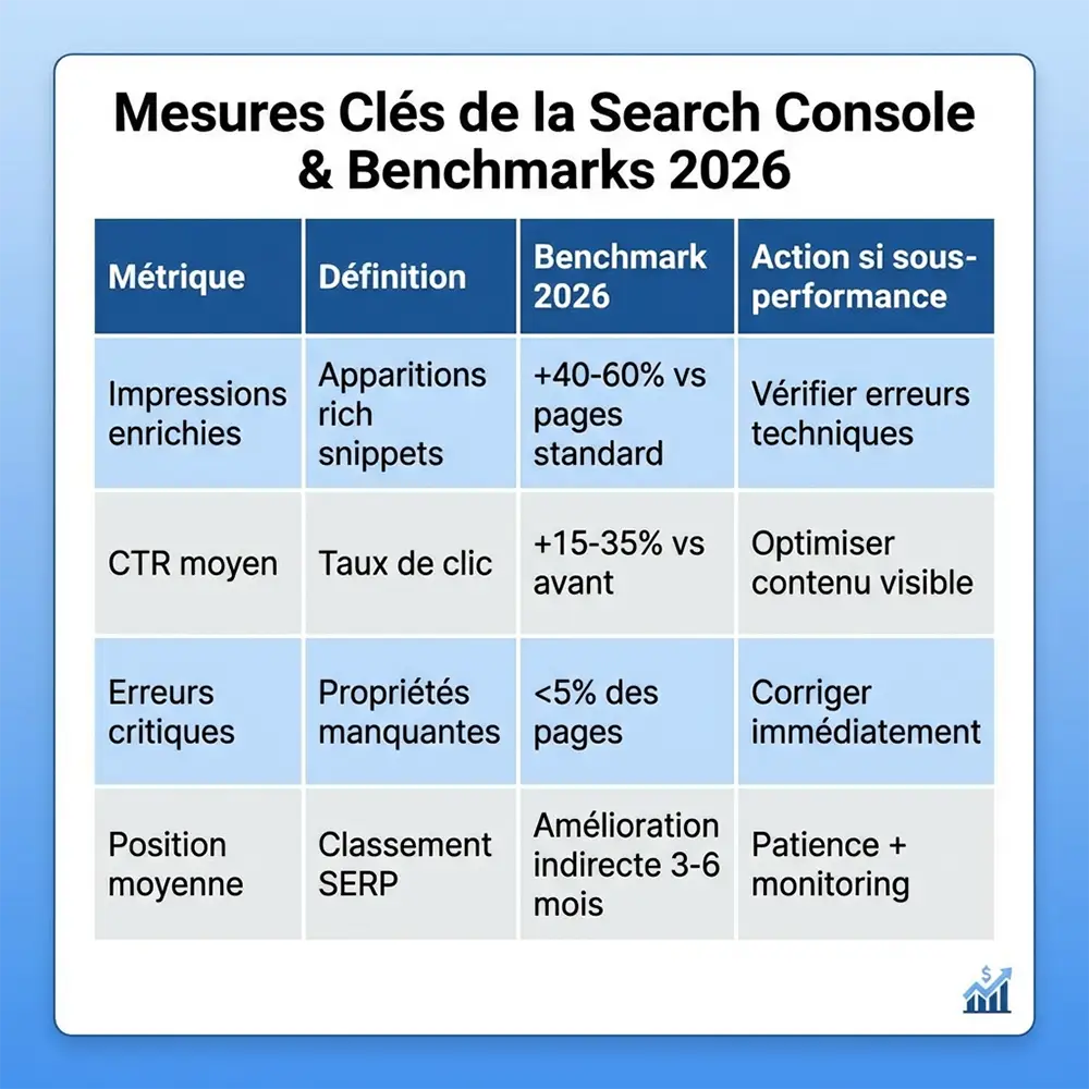 Tableau des métriques clés à suivre dans Google Search Console avec benchmarks et actions correctives