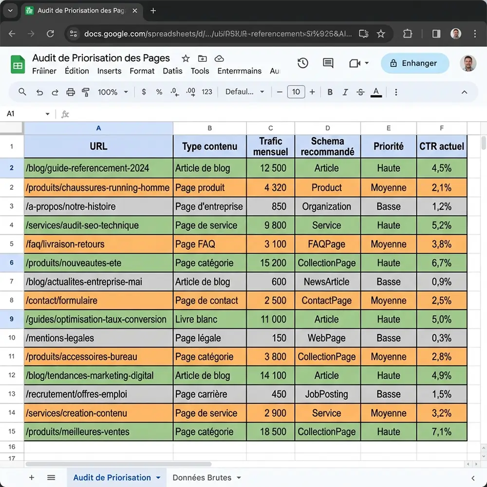 Exemple de tableau de priorisation des pages pour audit des données structurées avec score et CTR