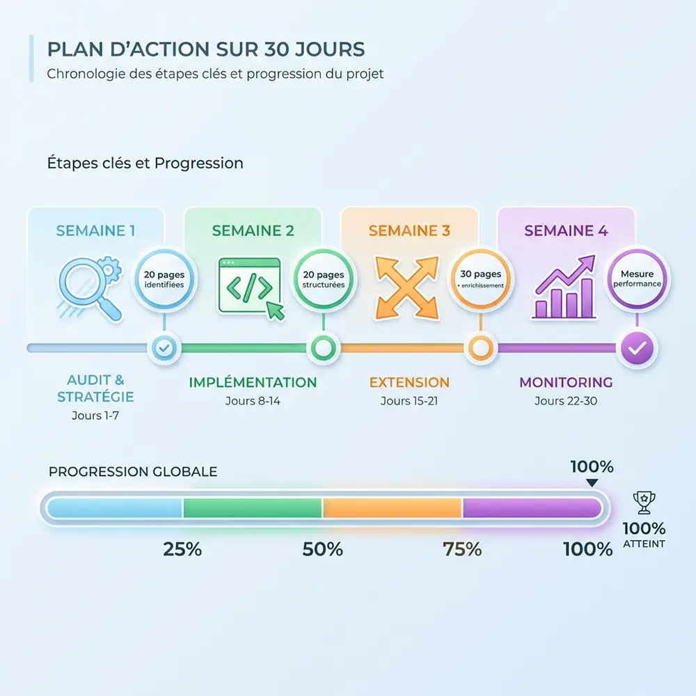 Timeline du plan d'action 30 jours pour implémenter les données structurées : audit, implémentation, extension, monitoring