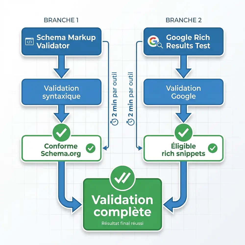 Workflow de validation en 2 étapes : Schema Markup Validator pour syntaxe puis Google Rich Results Test pour éligibilité