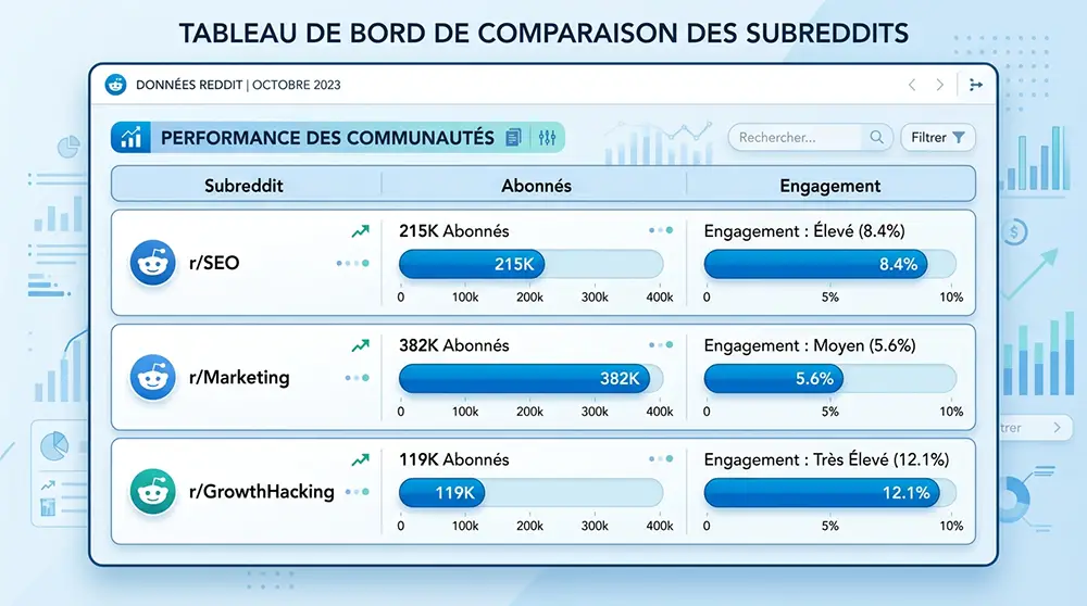 Tableau comparatif des subreddits SEO avec abonnés et niveau d'engagement