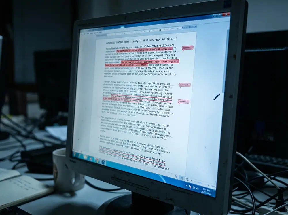 Écran d'éditeur de texte avec passages surlignés lors d'une vérification éditoriale de contenu généré par IA