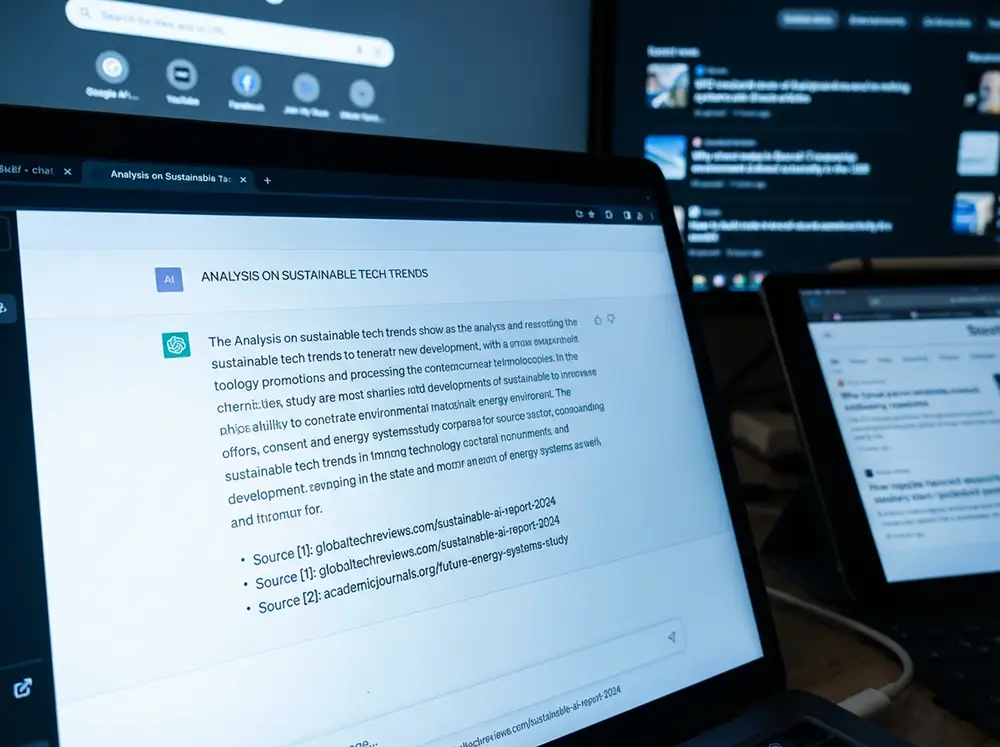 Interface d'IA générative affichant des réponses avec sources citées, illustrant le lien entre EEAT fort et visibilité dans les moteurs génératifs