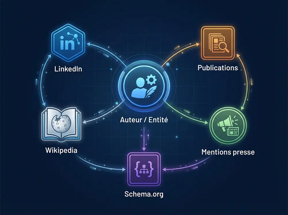 Graphe de nœuds reliant une entité auteur à ses signaux externes : LinkedIn, Wikipedia, mentions presse, schema.org