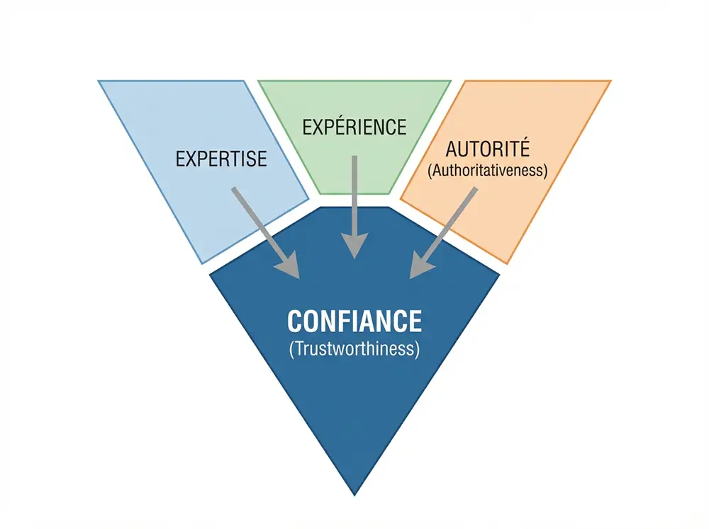 Schéma des 4 piliers EEAT avec la Trustworthiness (confiance) en position centrale et dominante