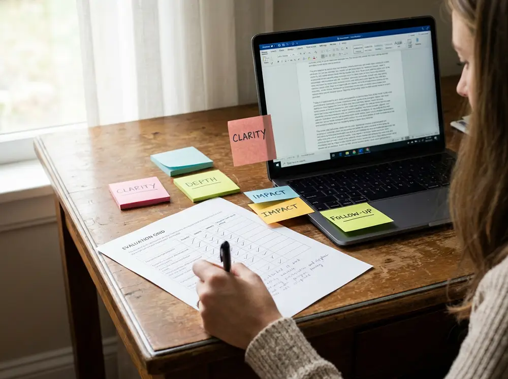 Personne évaluant un document de notation sur critères EEAT, représentant le travail des 16 000 Quality Raters de Google