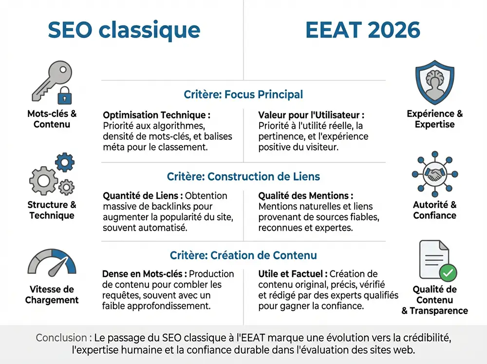 Infographie comparant les priorités du SEO classique et du framework EEAT en 2025