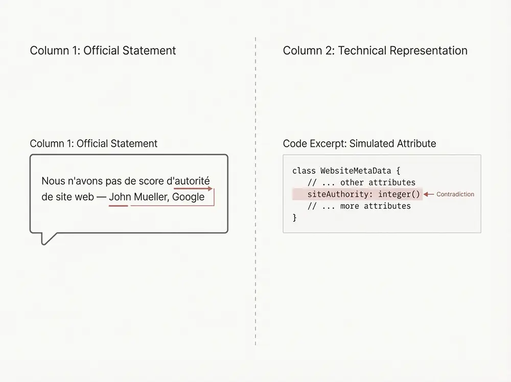 Infographie comparant la déclaration officielle de Google niant l'autorité de domaine et l'attribut siteAuthority découvert dans la fuite 2024
