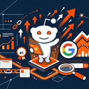 Illustration du logo Reddit entouré d'icônes SEO : backlinks, trafic organique, Google