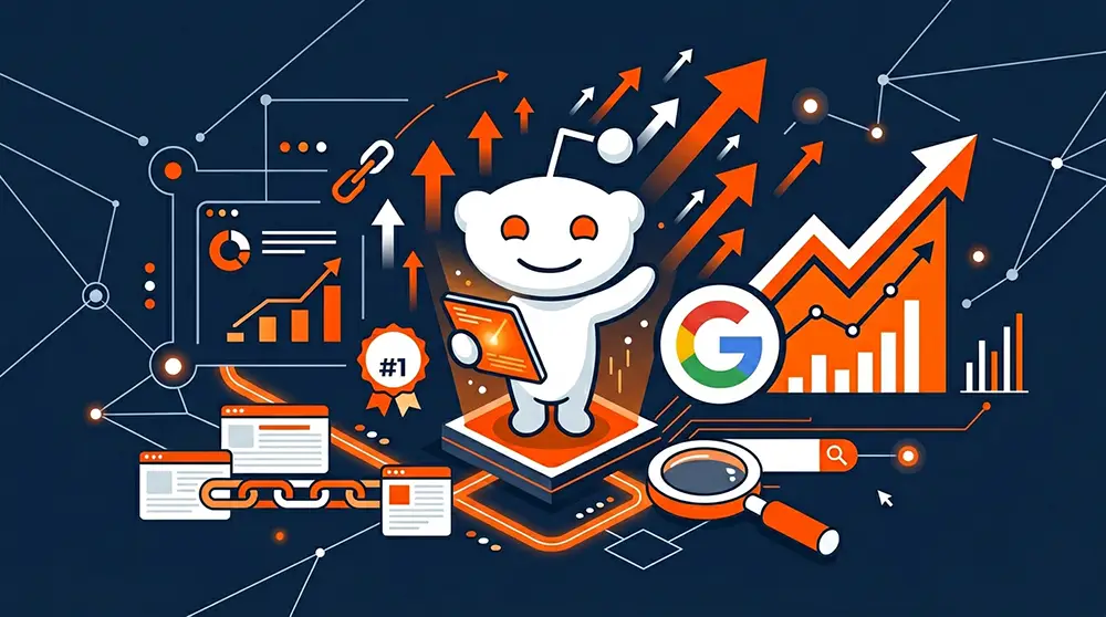Illustration du logo Reddit entouré d'icônes SEO : backlinks, trafic organique, Google