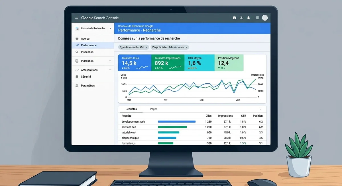 Tableau de bord Google Search Console affichant des données de performances SEO