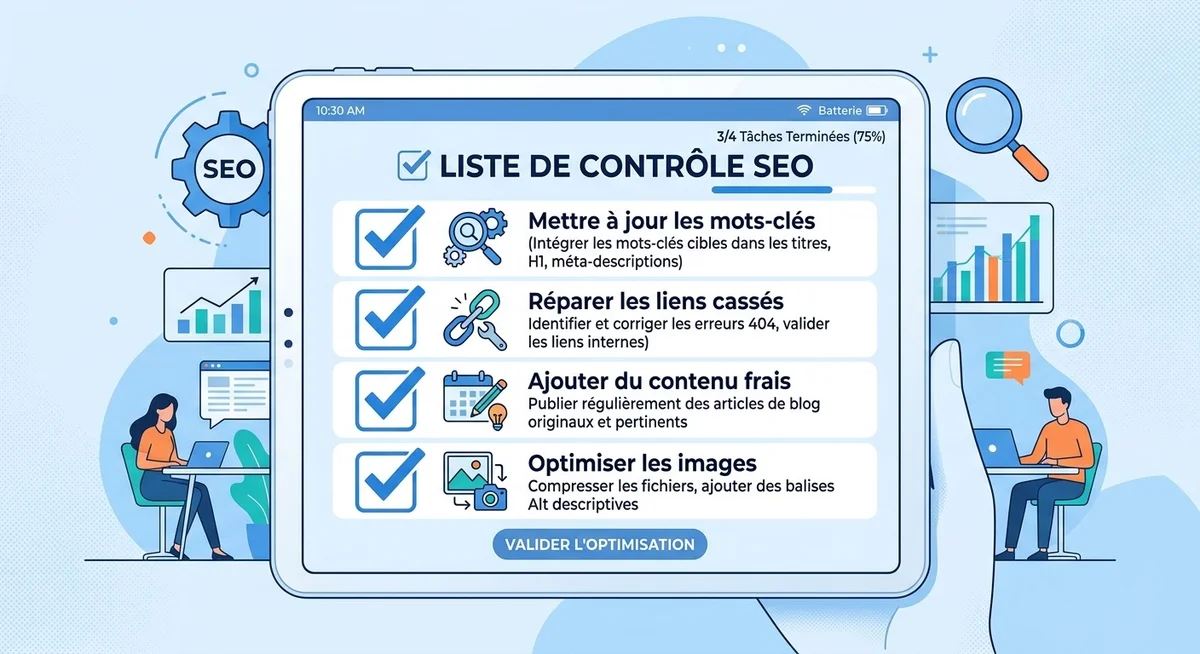 Checklist illustrée des étapes pour mettre à jour un article de blog pour le SEO