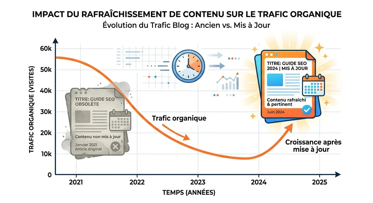 Graphique montrant la chute progressive du trafic d'un article de blog victime du content decay