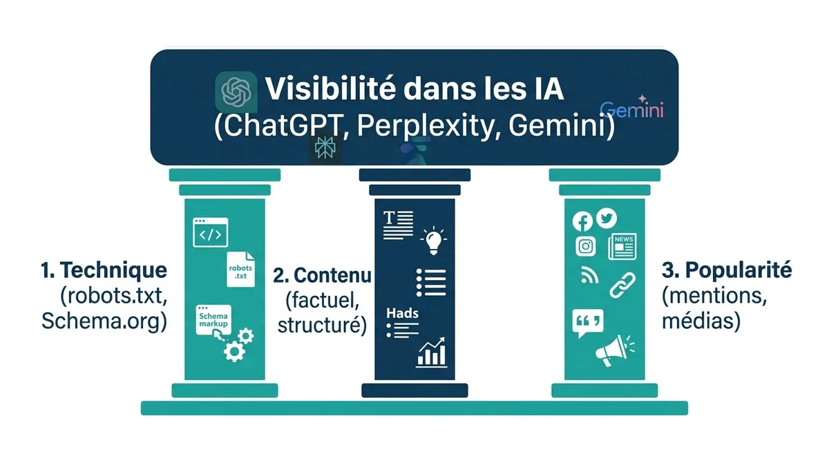 Schéma des trois piliers du GEO : technique, contenu et popularité pour être cité par les IA en 2026