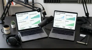 Microphone de podcast devant un écran avec des courbes de référencement SEO