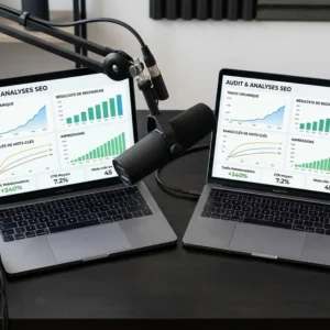 Microphone de podcast devant un écran avec des courbes de référencement SEO