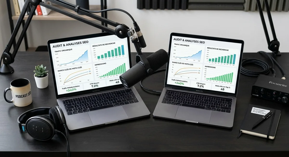 Microphone de podcast devant un écran avec des courbes de référencement SEO