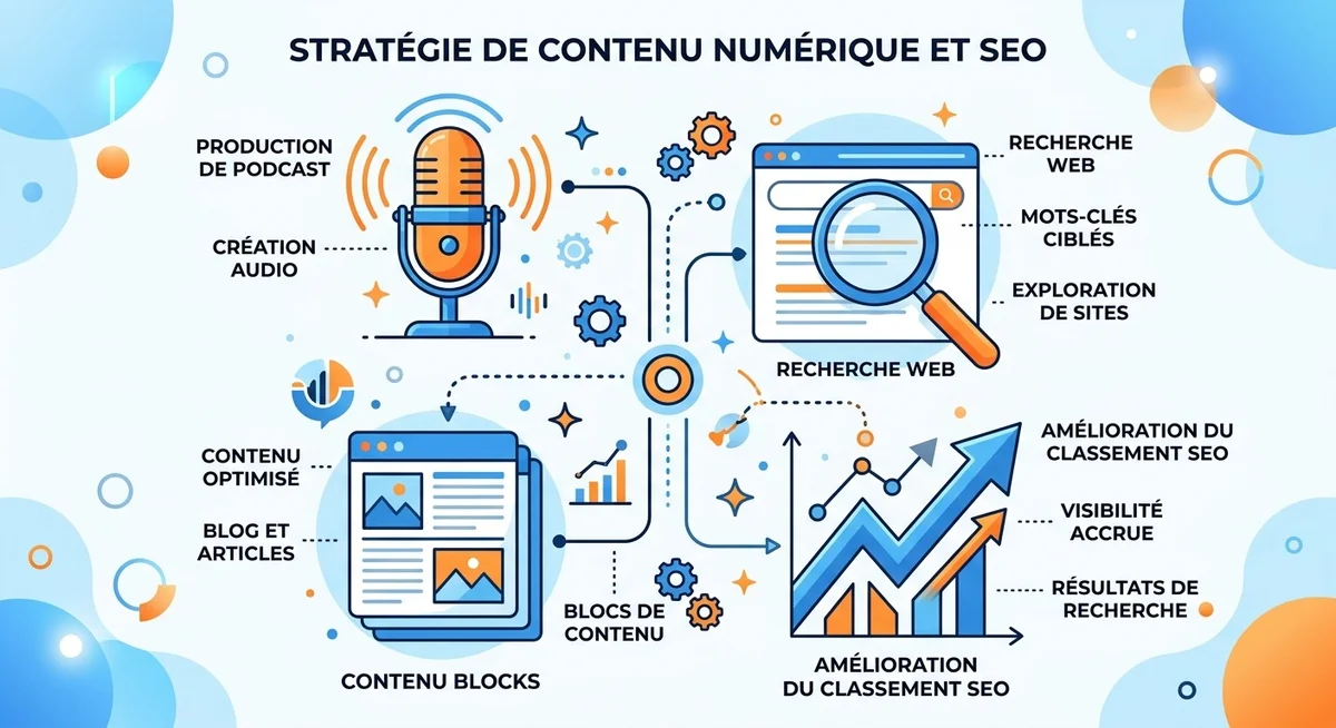 Schéma illustrant la relation entre podcast, contenu audio et référencement naturel SEO