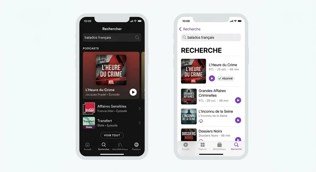 Interface de Spotify et Apple Podcasts avec des résultats de recherche optimisés PSO