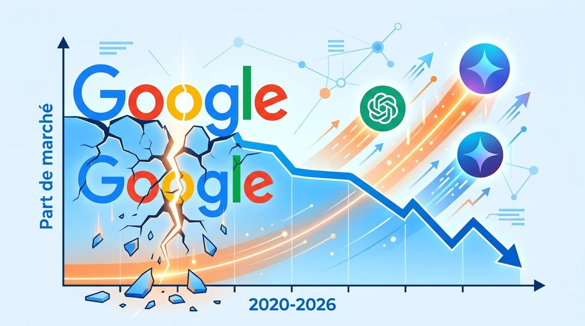 Illustration du recul de Google face aux moteurs IA en 2026, symbolisant la mutation du SEO