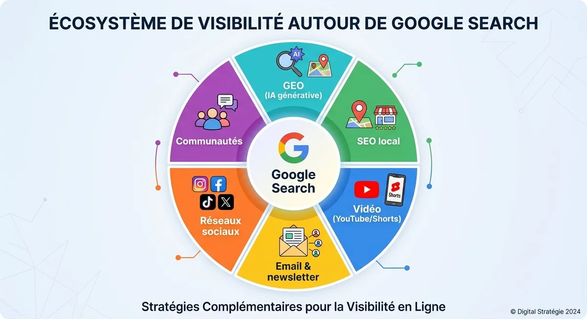 Roue des canaux de visibilité à activer en 2026 : SEO, GEO, réseaux sociaux, email, vidéo