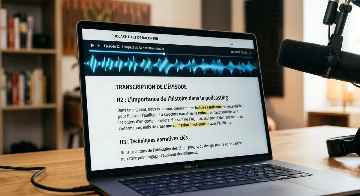 Texte de transcription d'un épisode de podcast affiché sur un écran, optimisé pour le SEO