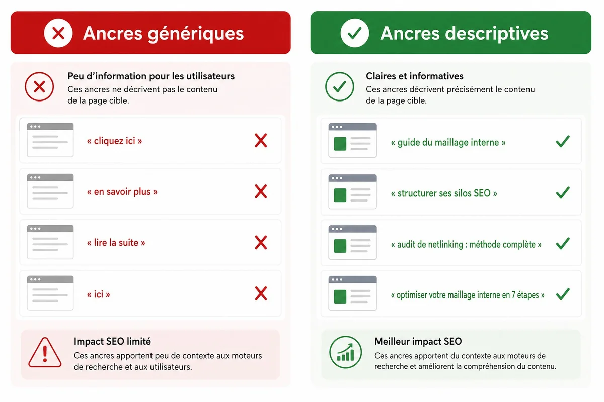 Optimiser les ancres de texte dans le maillage interne SEO Exemples d'ancres de texte descriptives versus génériques dans une stratégie de maillage interne