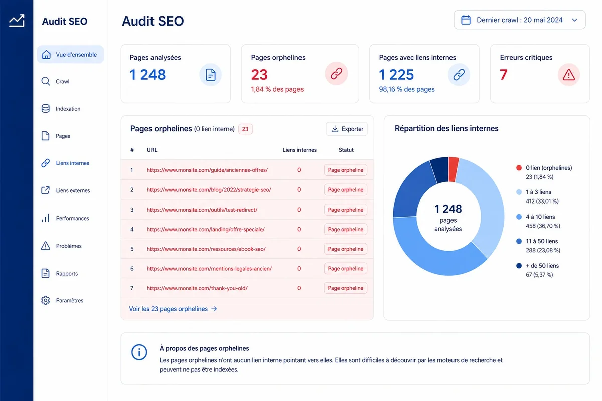 Audit maillage interne : identifier les pages orphelines avec Screaming Frog Interface d'outil d'audit SEO montrant des pages orphelines sans liens internes entrants