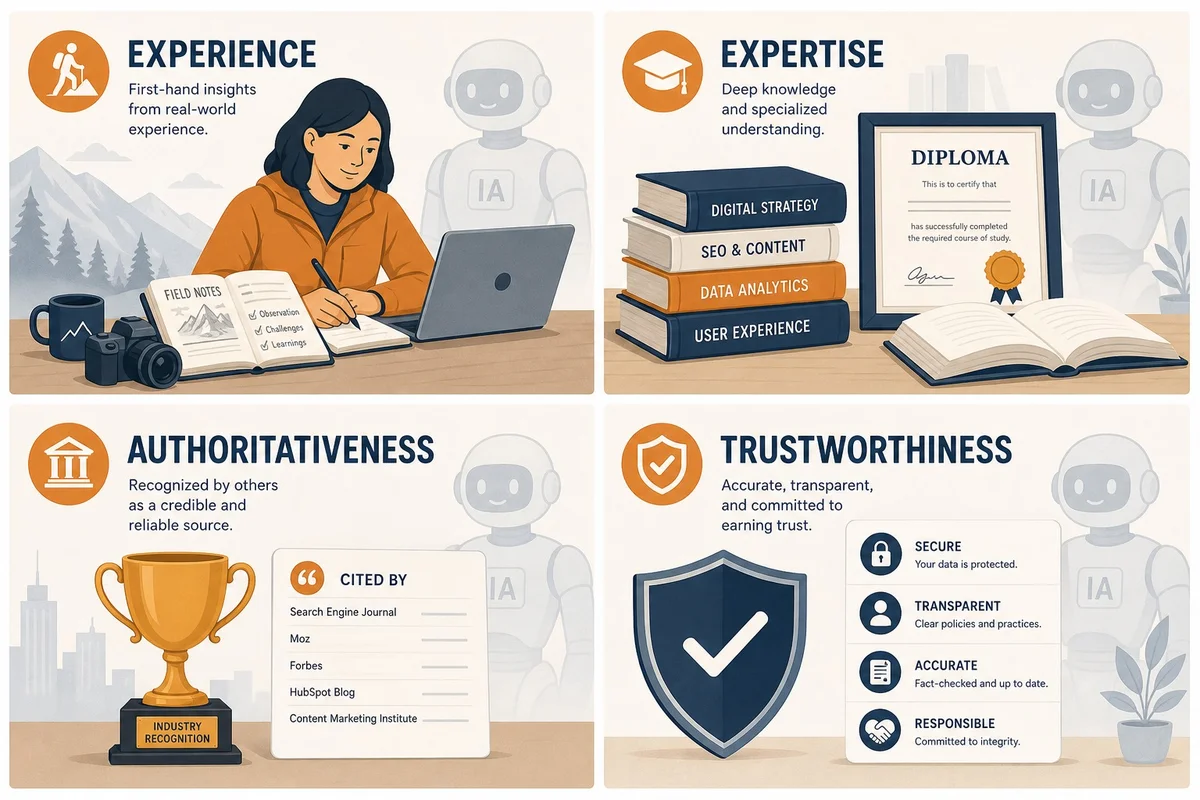 Représentation visuelle des critères E-E-A-T de Google appliqués à l'évaluation du contenu IA