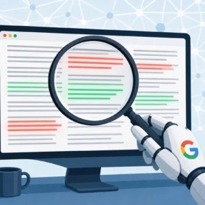 Illustration représentant Google analysant du contenu généré par IA avec SpamBrain en 2026