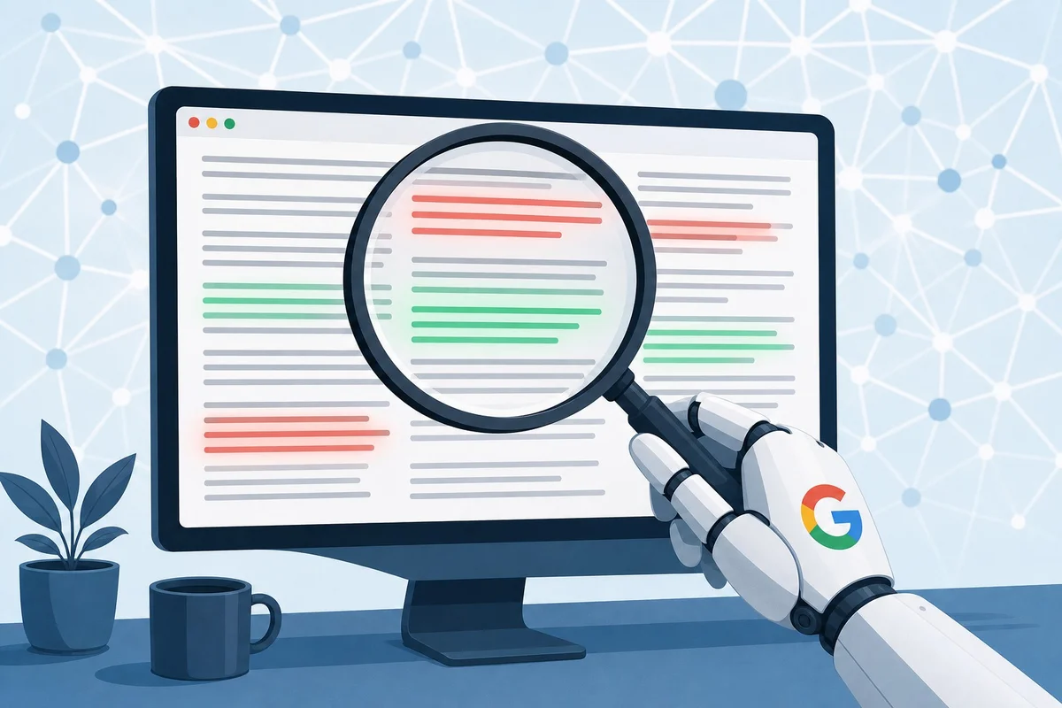 Illustration représentant Google analysant du contenu généré par IA avec SpamBrain en 2026