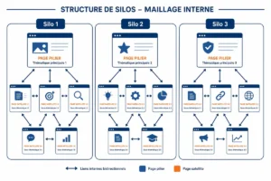 Schéma de maillage interne en silos thématiques avec pages piliers et satellites reliées par des liens