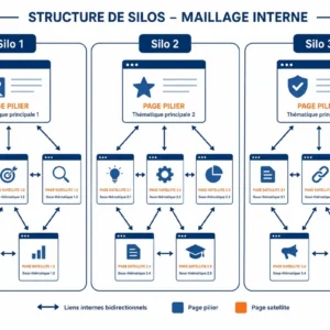 Schéma de maillage interne en silos thématiques avec pages piliers et satellites reliées par des liens